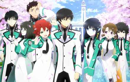 HD desktop wallpaper featuring characters Shizuku Kitayama, Honoka Mitsui, Mikihiko Yoshida, Mizuki Shibata, Leonhart Saijou, Erika Chiba, Shiba Miyuki, and Tatsuya Shiba from the anime The Irregular at Magic High School.