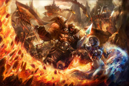 HD World of Warcraft desktop wallpaper featuring an epic battle scene with a fierce orc warrior and a magic-wielding female character amidst fiery chaos.