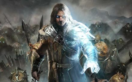 HD PC desktop wallpaper from the video game Middle-earth: Shadow of Mordor, featuring a warrior with glowing armor and an ominous army in the background.