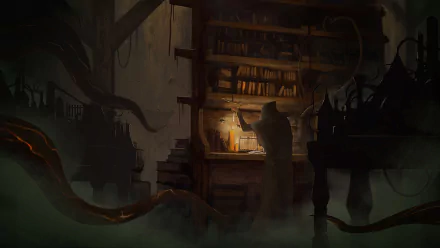 HD PC desktop wallpaper from the video game Styx: Master of Shadows, depicting a cloaked figure reading in a dark, eerie room filled with books and shadowy tentacles.