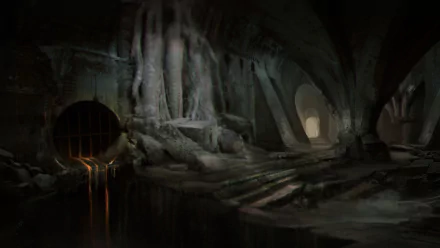 HD PC desktop wallpaper for Styx: Master of Shadows — shadowy underground sewer lair with crumbling stone steps, dripping water and a faint orange glow.