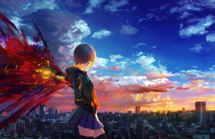 Anime character Touka Kirishima with purple hair and red eyes, wearing a hoodie and skirt, stands before a city skyline at sunset, her red kagune unfurling against a dramatic cloud-filled sky.
