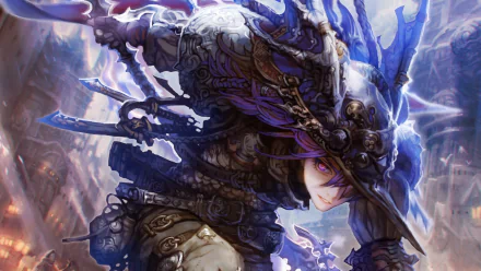 A dynamic HD wallpaper of Storm Lancer from the video game Rage of Bahamut (Shingeki no Bahamut), featuring a fierce character poised for action amidst a stormy backdrop.