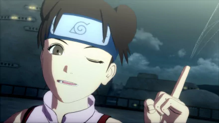 Tenten from Naruto features prominently in this HD desktop wallpaper from the video game Naruto Shippuden: Ultimate Ninja Storm Revolution, showcasing her playful personality.