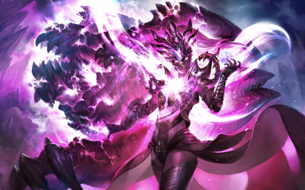 A stunning HD wallpaper featuring the Wizard character from Diablo III: Reaper of Souls, adorned in dark, magical elements with vibrant purple energy swirling around.
