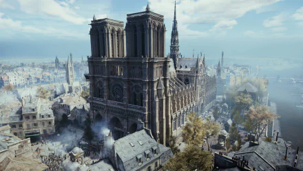HD desktop wallpaper from Assassin's Creed: Unity featuring a detailed view of Notre Dame Cathedral in a vividly rendered Parisian landscape.