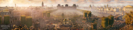 HD desktop wallpaper from Assassin's Creed: Unity, depicting a bustling historical square filled with crowds in a sweeping panoramic view.