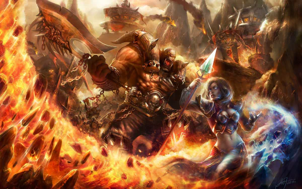 HD World of Warcraft desktop wallpaper featuring an epic battle scene with a fierce orc warrior and a magic-wielding female character amidst fiery chaos.