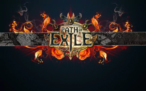 An HD desktop wallpaper featuring the vibrant logo of Path of Exile, surrounded by ornate flames and decorative elements, capturing the essence of this popular MMORPG.