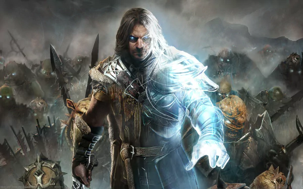 HD PC desktop wallpaper from the video game Middle-earth: Shadow of Mordor, featuring a warrior with glowing armor and an ominous army in the background.