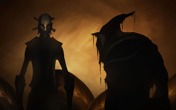 Backlit silhouettes of two goblin-like figures from the video game Styx: Master of Shadows, set against an orange glow — HD PC desktop wallpaper and background.