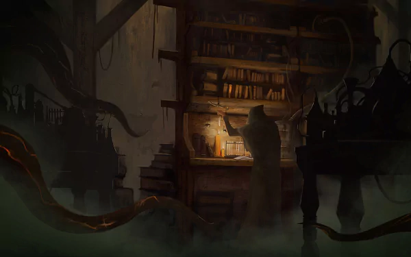 HD PC desktop wallpaper from the video game Styx: Master of Shadows, depicting a cloaked figure reading in a dark, eerie room filled with books and shadowy tentacles.