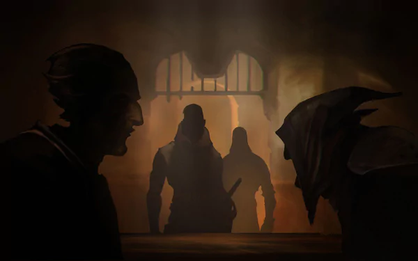 HD PC desktop wallpaper for the video game Styx Master Of Shadows: a hooded, goblin-like Styx lurks in shadow while two guards stand in a torchlit doorway.