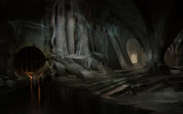 HD PC desktop wallpaper for Styx: Master of Shadows — shadowy underground sewer lair with crumbling stone steps, dripping water and a faint orange glow.