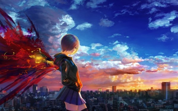 Anime Tokyo Ghoul City Sunset Touka Kirishima Sky Cloud Skirt Kagune Red Eyes Purple Hair Short Hair Hoodie HD Wallpaper | Background Image