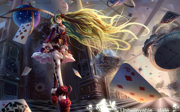 HD desktop wallpaper featuring Hatsune Miku in whimsical attire, surrounded by floating cards and clocks, creating a street-inspired, surreal scene.