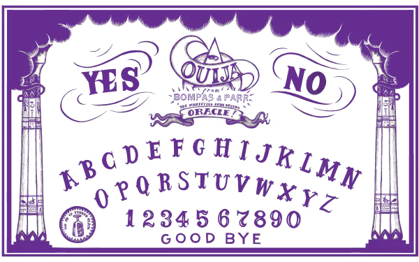An 8K Ultra HD man-made Ouija board design with letters, numbers, YES, NO, and GOOD BYE on a purple and white background, styled as a PC desktop wallpaper.