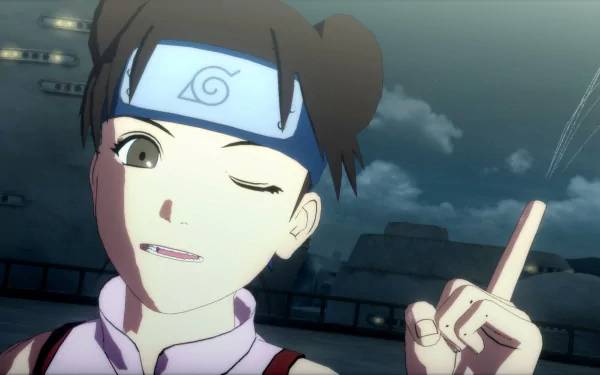 Tenten from Naruto features prominently in this HD desktop wallpaper from the video game Naruto Shippuden: Ultimate Ninja Storm Revolution, showcasing her playful personality.