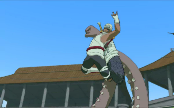 Naruto and Killer Bee from Naruto Shippuden: Ultimate Ninja Storm Revolution engage in battle in HD quality, set against a backdrop of a spacious outdoor arena.