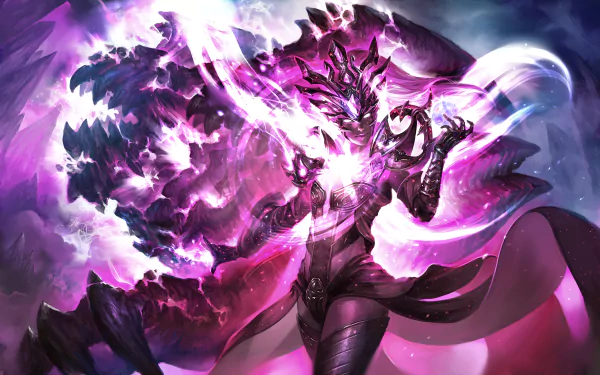 A stunning HD wallpaper featuring the Wizard character from Diablo III: Reaper of Souls, adorned in dark, magical elements with vibrant purple energy swirling around.