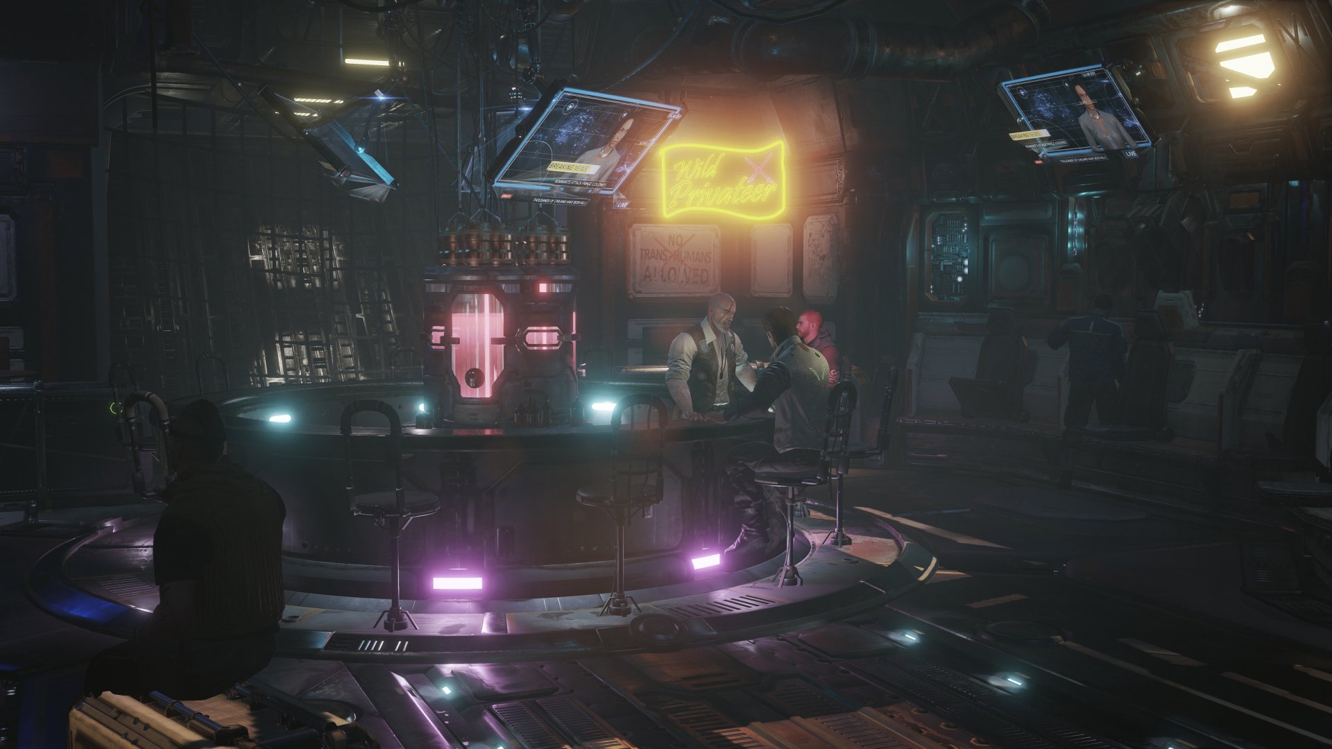 Futuristic bar scene from the video game Transverse, rendered in 4K Ultra HD for PC desktop wallpaper and background, featuring neon lights and holographic displays.