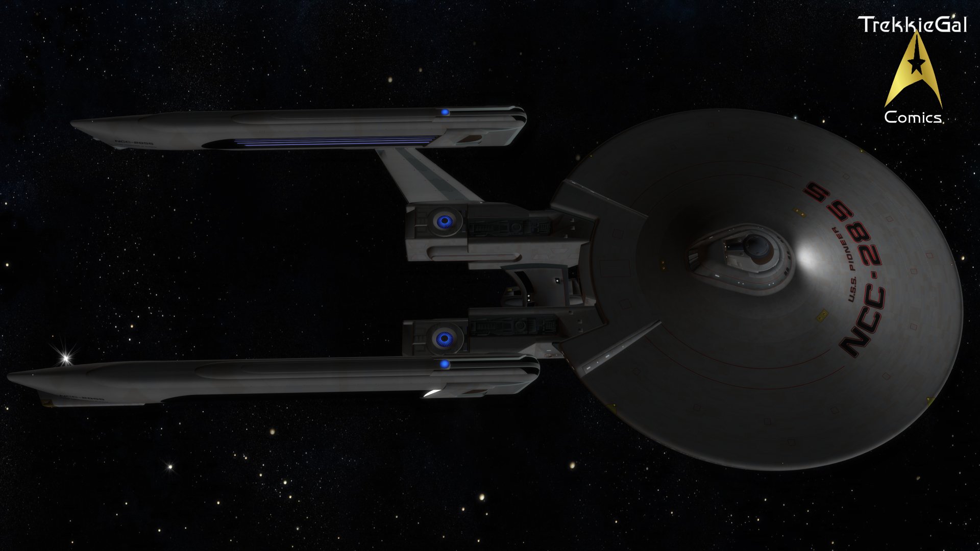 Sci‑Fi Star Trek 4K Ultra HD PC desktop wallpaper: overhead view of a Federation starship with saucer section and twin nacelles floating against a starfield, blue engine glows.