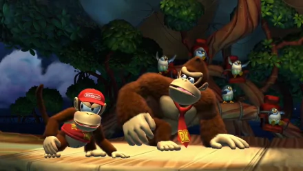 HD wallpaper featuring Donkey Kong and Diddy Kong from Donkey Kong Country: Tropical Freeze, set against a jungle backdrop.