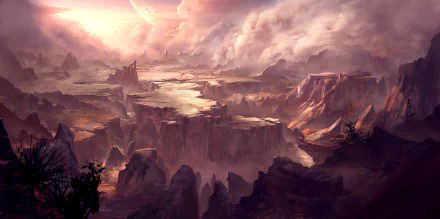 Transverse video game 2K Quad HD PC desktop wallpaper/background — vast, otherworldly canyon of jagged plateaus, winding river and glowing sunset skies.