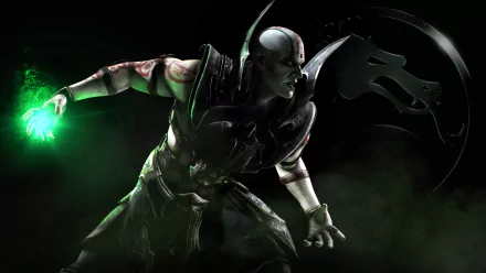 A HD wallpaper featuring Quan Chi from Mortal Kombat X, showcasing his magic powers, armor, bald head, and red glowing eyes against a dark, atmospheric background.