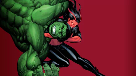 HD PC desktop wallpaper featuring Red She-Hulk engaged in a fierce battle with the Hulk, set against a bold red background in comic style.