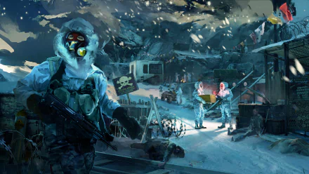 HD desktop wallpaper featuring a scene from the video game Far Cry 4, depicting armed characters in a snowy, rugged outpost with flags and tents.