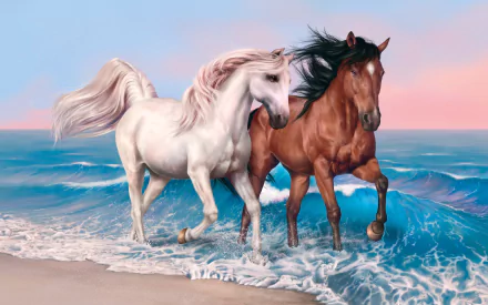 HD wallpaper featuring two majestic horses, one white and one chestnut, galloping on the beach with waves crashing in the background.