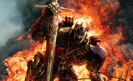 HD desktop wallpaper featuring Optimus Prime from the movie Transformers: Age of Extinction, depicted in a dramatic pose with fiery background.