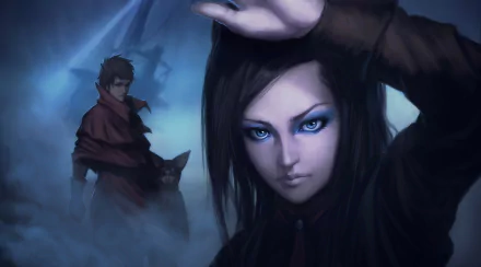 HD wallpaper featuring characters from the anime Ergo Proxy. The image showcases a dramatic scene with a strong focus on the female character's striking blue eyes and intense expression.