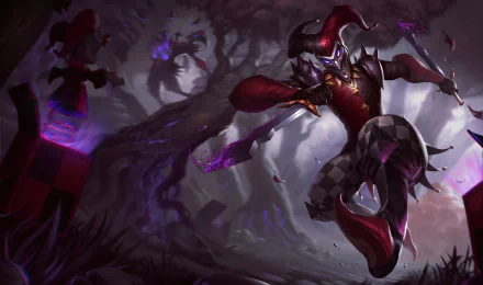 A vibrant 4K Ultra HD wallpaper featuring Shaco from League of Legends, depicting the character in an action pose amidst a dark, mystical forest backdrop.