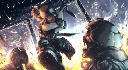 A dynamic anime scene featuring a military figure battling a zombie amidst flying debris and flames, creating a thrilling and intense atmosphere.
