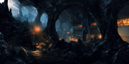 4K Ultra HD PC desktop wallpaper of Endless Legend: a moody underground city in a cavern, glowing torches and stone pathways leading to lit buildings under blue-tinged stalactites.