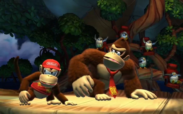 HD wallpaper featuring Donkey Kong and Diddy Kong from Donkey Kong Country: Tropical Freeze, set against a jungle backdrop.