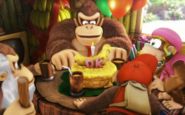HD wallpaper of Donkey Kong celebrating with friends from Donkey Kong Country: Tropical Freeze.