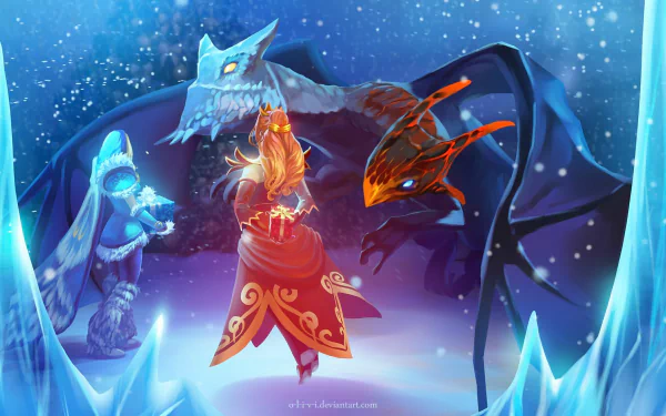 HD PC desktop wallpaper featuring vibrant DotA 2 characters in a mystical icy landscape from the video game.