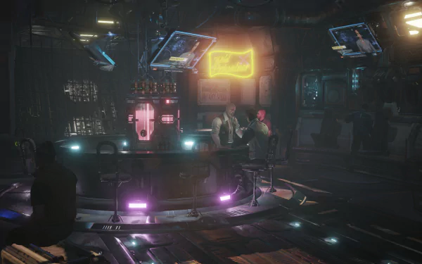 Futuristic bar scene from the video game Transverse, rendered in 4K Ultra HD for PC desktop wallpaper and background, featuring neon lights and holographic displays.