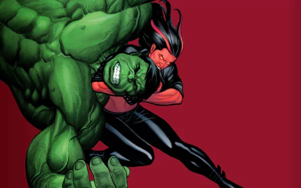 HD PC desktop wallpaper featuring Red She-Hulk engaged in a fierce battle with the Hulk, set against a bold red background in comic style.