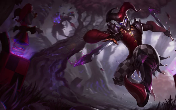A vibrant 4K Ultra HD wallpaper featuring Shaco from League of Legends, depicting the character in an action pose amidst a dark, mystical forest backdrop.