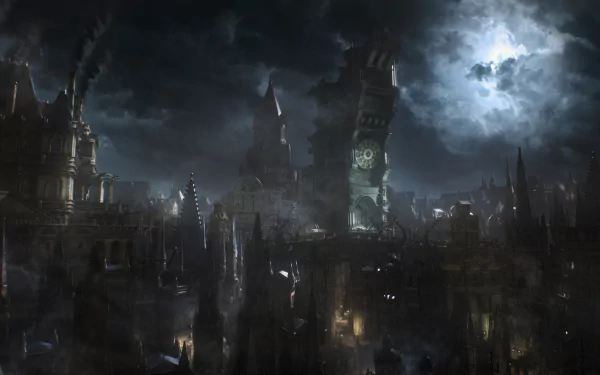HD desktop wallpaper of a dark, gothic cityscape from the video game Bloodborne, featuring a moody atmosphere and a misty, moonlit skyline.