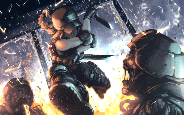A dynamic anime scene featuring a military figure battling a zombie amidst flying debris and flames, creating a thrilling and intense atmosphere.