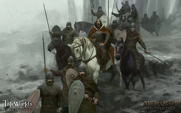 HD desktop wallpaper from the video game Mount & Blade II: Bannerlord, depicting armored warriors on horseback in a misty, battle-ready scene.
