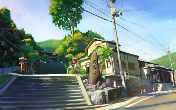 A vibrant artistic painting of a street in Kyoto, Japan, featuring a charming house, stone stairs, and greenery, capturing the essence of traditional Japanese architecture.