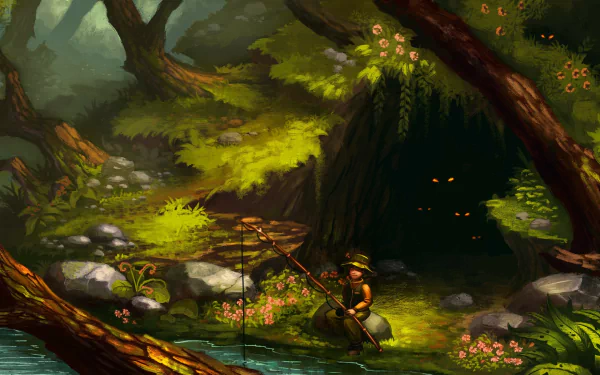 Artistic painting of a person fishing by a woodsy cave entrance, with glowing eyes visible inside. HD PC desktop wallpaper featuring nature and mysterious elements.