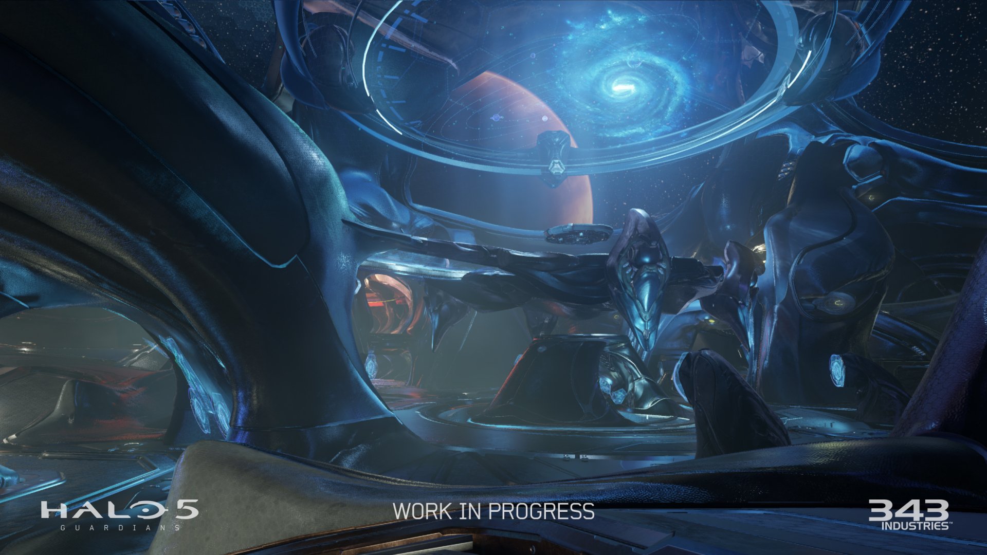 Halo 5: Guardians HD PC desktop wallpaper background showing a blue-lit Forerunner interior, armored figures and glowing ring architecture from the Halo video game.