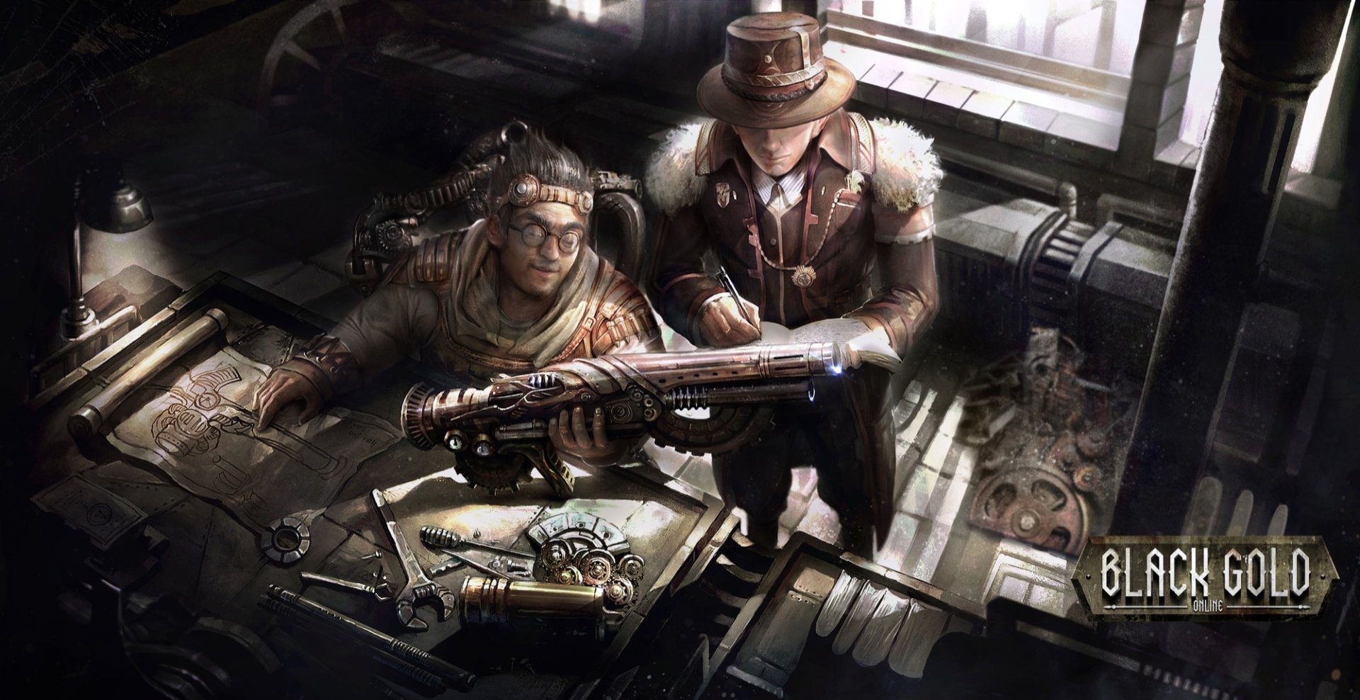 HD PC desktop wallpaper from the video game Black Gold Online featuring two characters examining a futuristic weapon in a dimly lit room.